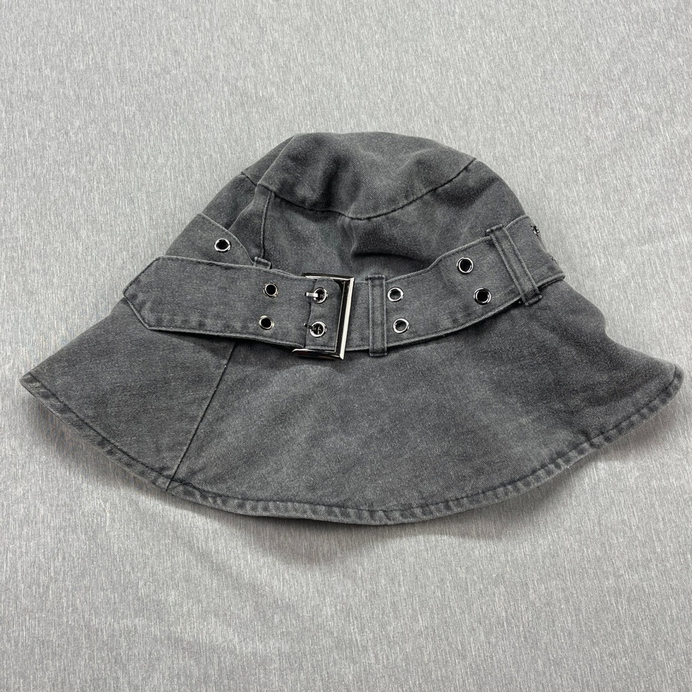 Gray Washed Denim Bucket Hat w/ Buckle Strap Grommets Grunge Utility Streetwear